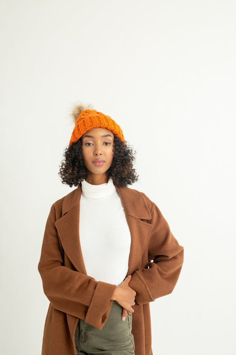 Foldover Warm Slap w/ Pom | Satin-Lined Cap | Orange