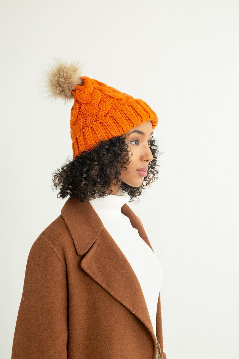 Foldover Warm Slap w/ Pom | Satin-Lined Cap | Orange