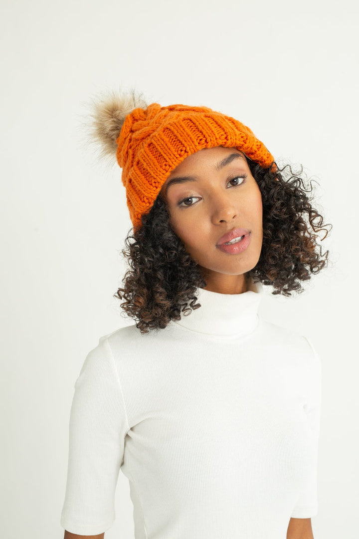 Foldover Warm Slap w/ Pom | Satin-Lined Cap | Orange